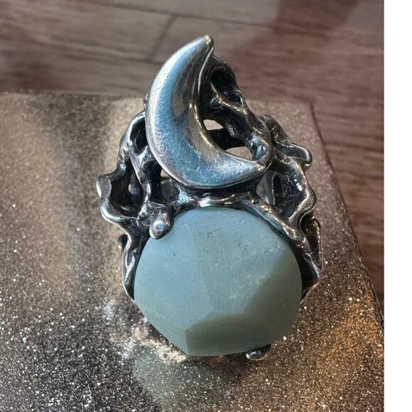 Rare Mania Mania 925 Silver Amazonite Crescent Moon Chunky Statement Ring SZ. 8 - Picture 10 of 16